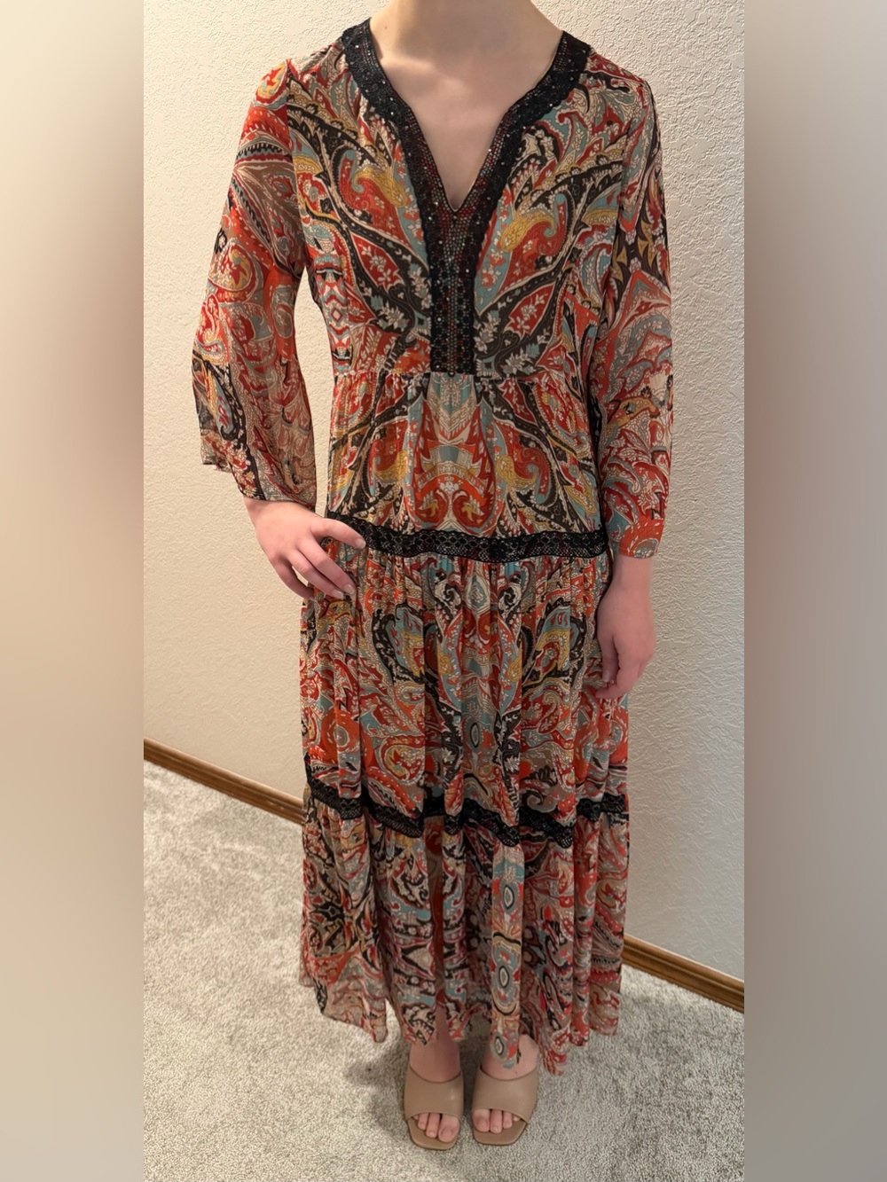 Reba Ladies Small Paisley Maxi Dress Boho Sequin Trim Tiered Peasant Dress Brown
